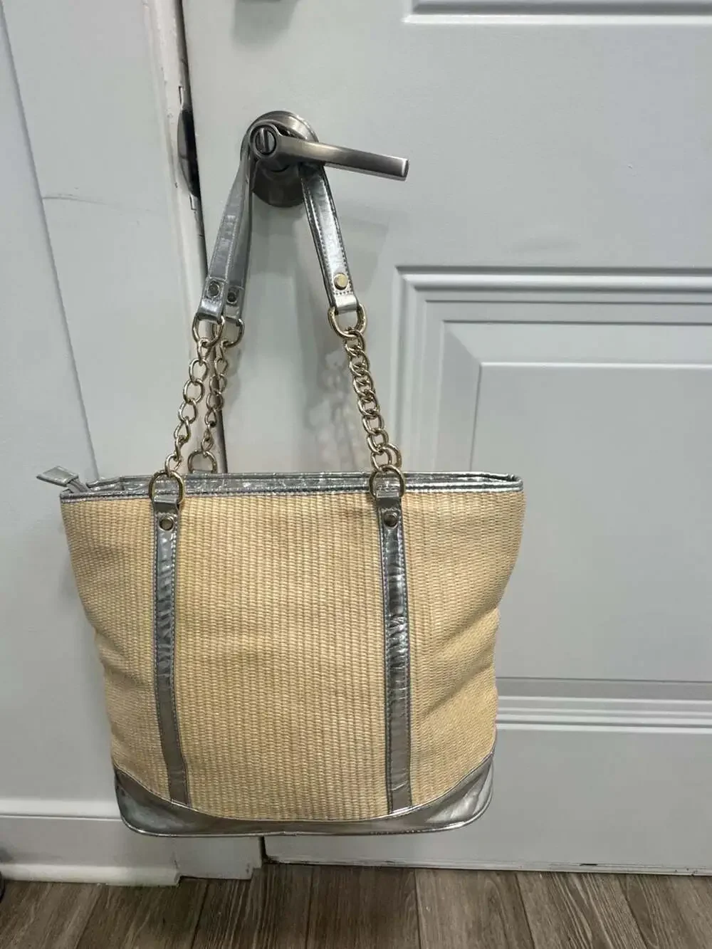 Tory Burch Ella Straw Tote Natural Woven Silver Metallic Chain Shoulder Bag